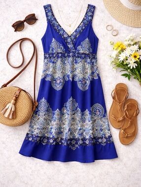Initiatives Blue Printed V-Neck Dress XL | Stretch Summer Dress